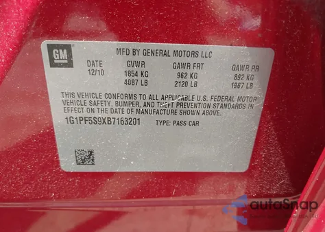 2011 Chevrolet Cruze 1Lt from USA, damaged, VIN 1G1PF5S9XB7163201